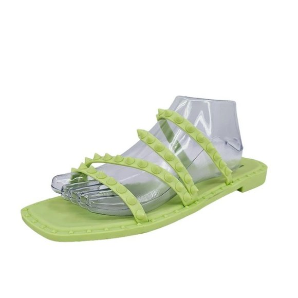 Steve Madden Selina Sandals 10 Lime Green Studded Jelly Square Toe Strappy Flats - Picture 14 of 14